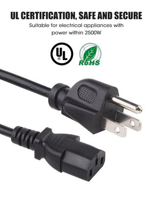 سلك الطاقة الأمريكي UL ، 3 دبوس NEMA 5-15P وصلة إلى IE320 C13 سلك الطاقة الأمريكي